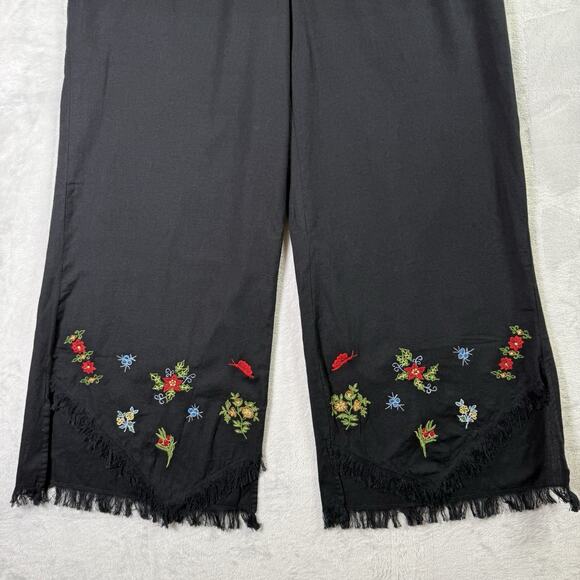 April Cornell Black Wide Leg Pants Women's Medium Embroidered Floral Boho Cotton - Picture 3 of 16